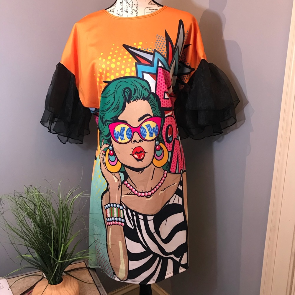 🎉HP🎉 Graphic Facial Print Mesh Sleeve Mini Dress - Picture 2 of 8